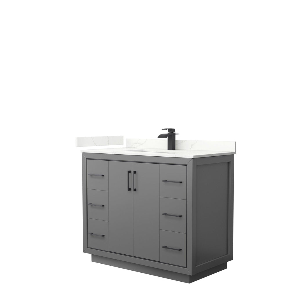 42-inch modern solid wood bathroom vanity in stone finish with a white stone top and integrated ceramic sink, matte black single-handle faucet, black pull hardware, freestanding cabinet with drawers and center doors.