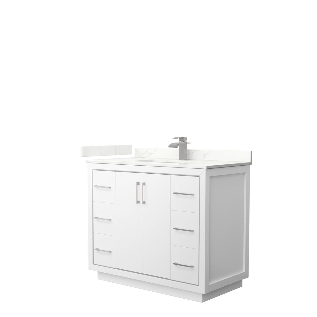 Contemporary 42-inch freestanding solid wood bathroom vanity in stone finish with a white stone top and integrated rectangular sink, brushed-nickel faucet and hardware, two center doors and three drawers per side.