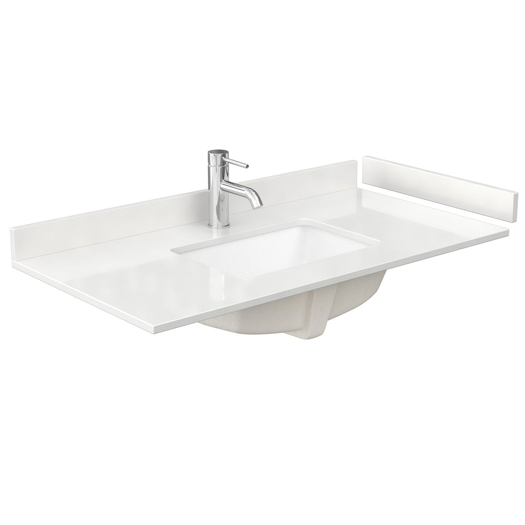 Stone-colored 42-inch vanity top with integrated rectangular white sink, low matching backsplash and a single-hole chrome single-handle faucet, shown without cabinet in a modern contemporary style.