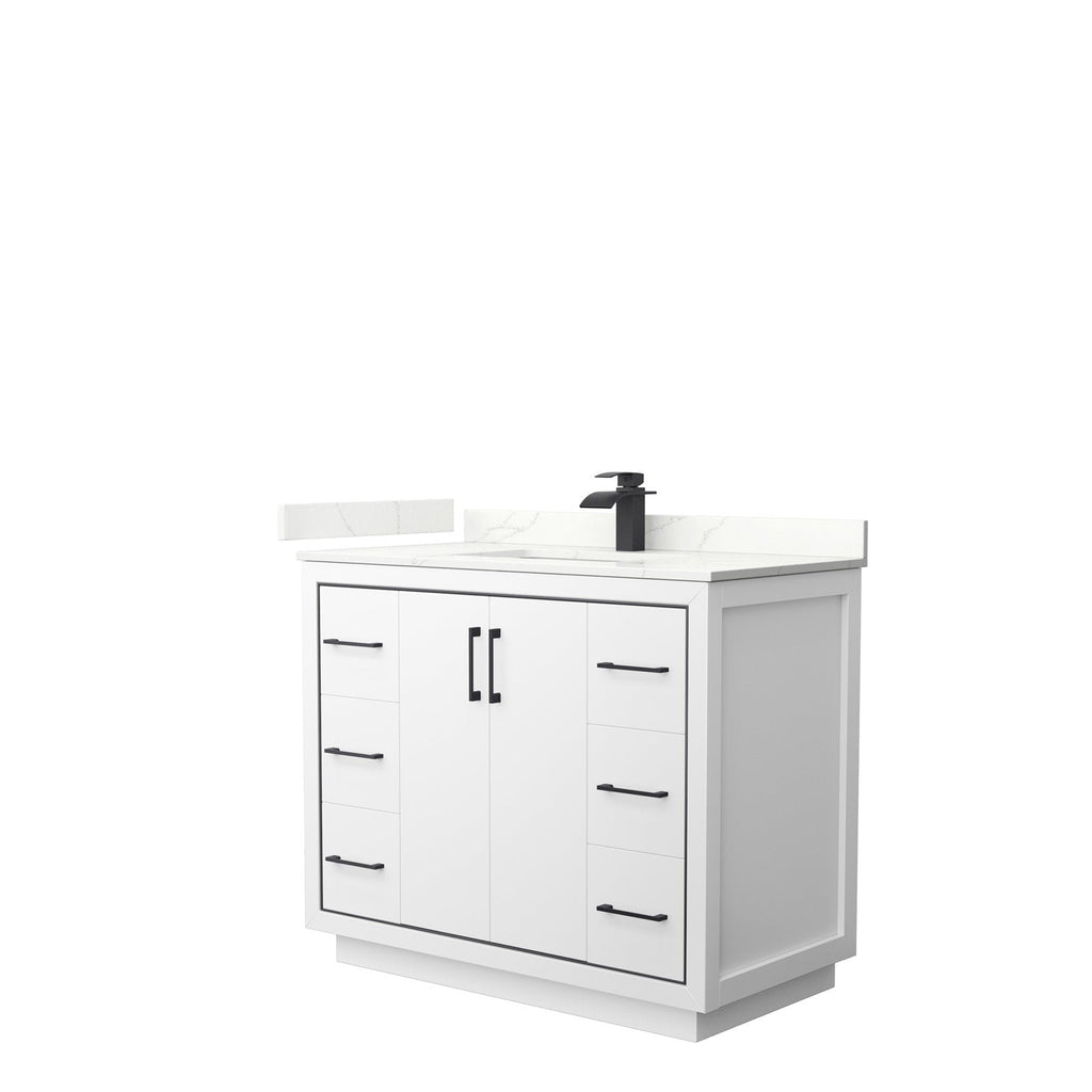 42-inch modern solid wood bathroom vanity in stone finish with white stone countertop and integrated ceramic sink, matte black single-handle faucet, six side drawers and central double-door storage with black handles.
