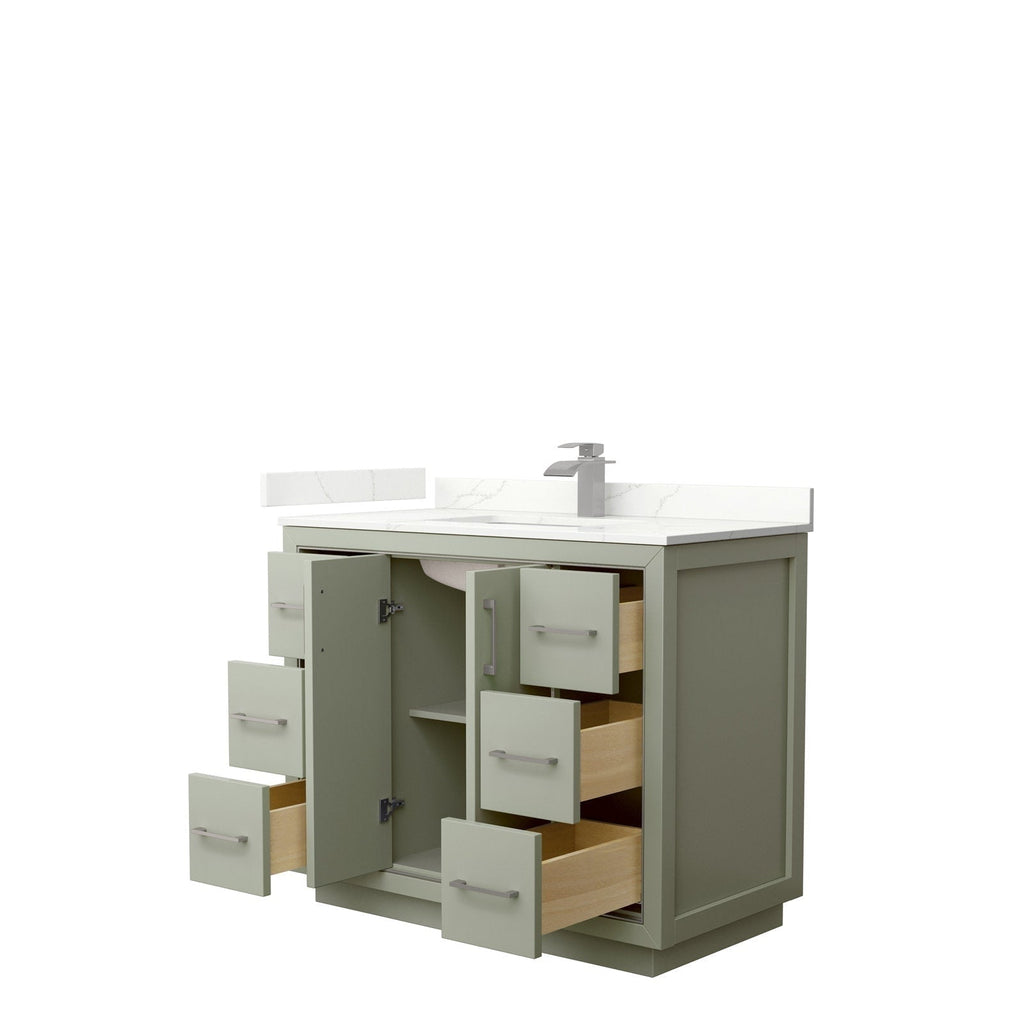 Stone-colored 42-inch solid wood freestanding bathroom vanity with white stone top and integrated ceramic sink, modern single-handle brushed-nickel faucet, six open drawers and a central double-door cabinet with shelf.