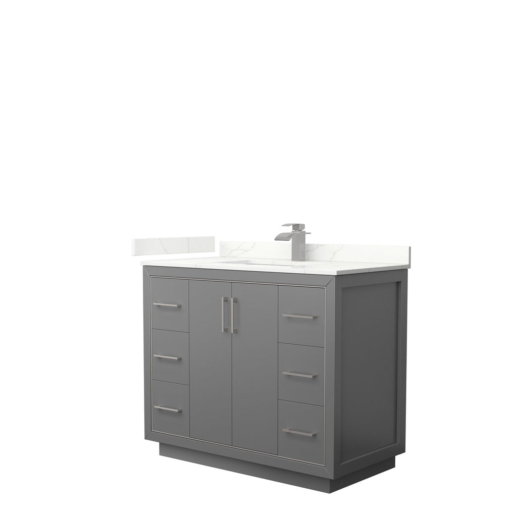 42-inch modern freestanding bathroom vanity in stone gray solid wood with a white stone top, integrated ceramic sink, and brushed-nickel single-handle faucet and hardware.