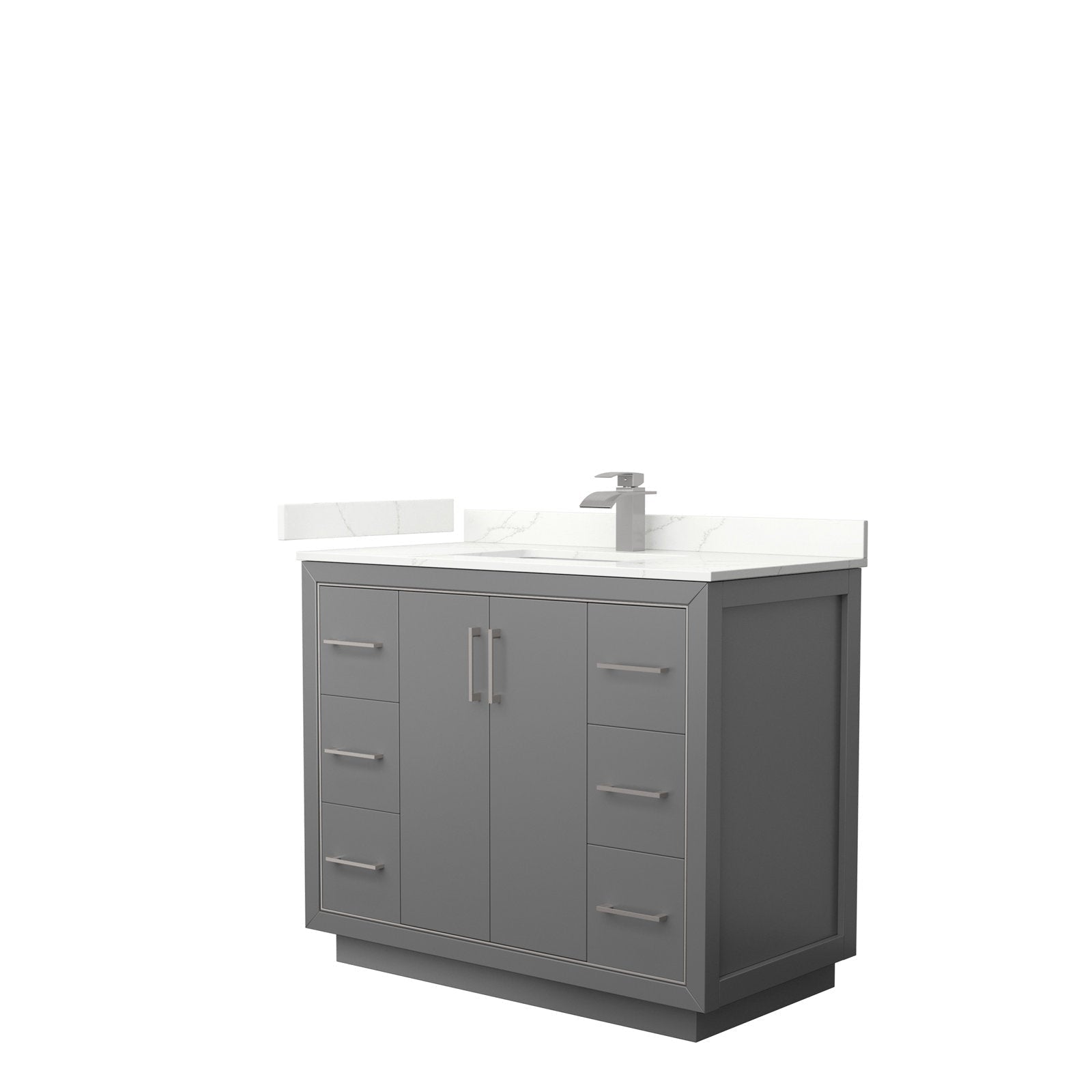 42-inch modern freestanding bathroom vanity in stone gray solid wood with a white stone top, integrated ceramic sink, and brushed-nickel single-handle faucet and hardware.