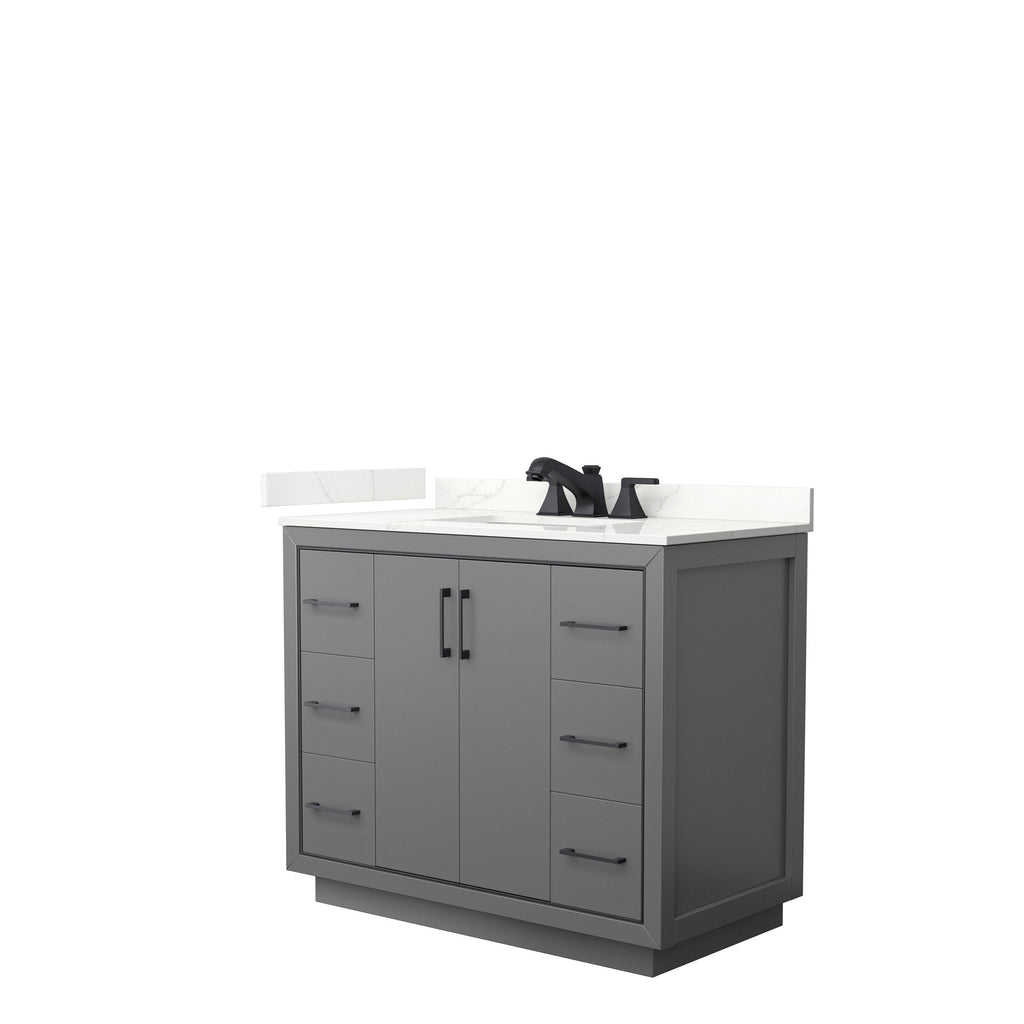 42-inch modern solid wood bathroom vanity in stone-gray with a white stone countertop and integrated sink, matte black faucet and matching black bar handles, two center doors flanked by three drawers on each side.