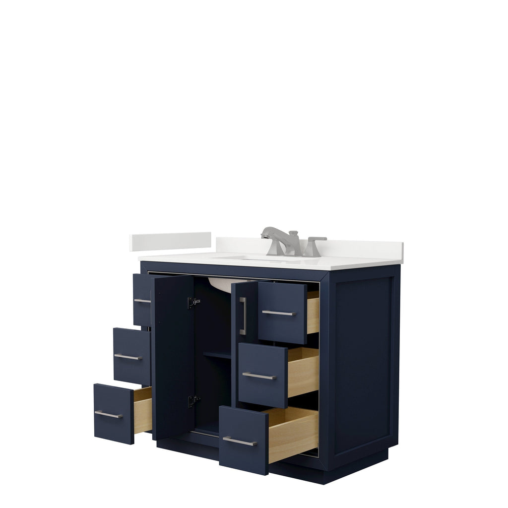 Modern 42-inch navy blue solid wood bathroom vanity with white stone top and integrated ceramic sink, brushed-nickel faucet, six drawers and center cabinet, with several drawers pulled open showing light wood interiors.