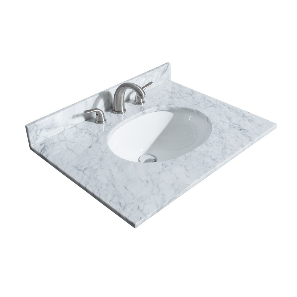 White marble stone vanity top with gray veining and short backsplash, featuring an oval white ceramic undermount sink and a brushed-nickel widespread faucet with two lever handles, modern contemporary style.