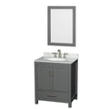 Modern gray solid wood bathroom vanity with marble-look stone countertop, white undermount ceramic sink, brushed nickel faucet, two shaker cabinet doors, lower drawer and matching rectangular framed mirror.