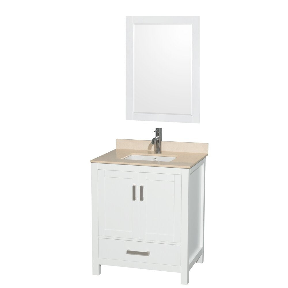 Freestanding modern white solid-wood bathroom vanity with a stone-colored countertop, undermount ceramic sink, chrome single-handle faucet, two-door cabinet, lower drawer and matching framed mirror.