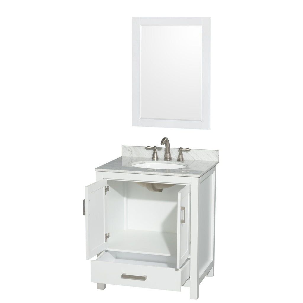 Modern white solid-wood single-sink bathroom vanity with gray stone countertop and undermount ceramic sink, brushed nickel faucet, open double-door cabinet with interior shelf and open lower drawer, shown with matching framed mirror.