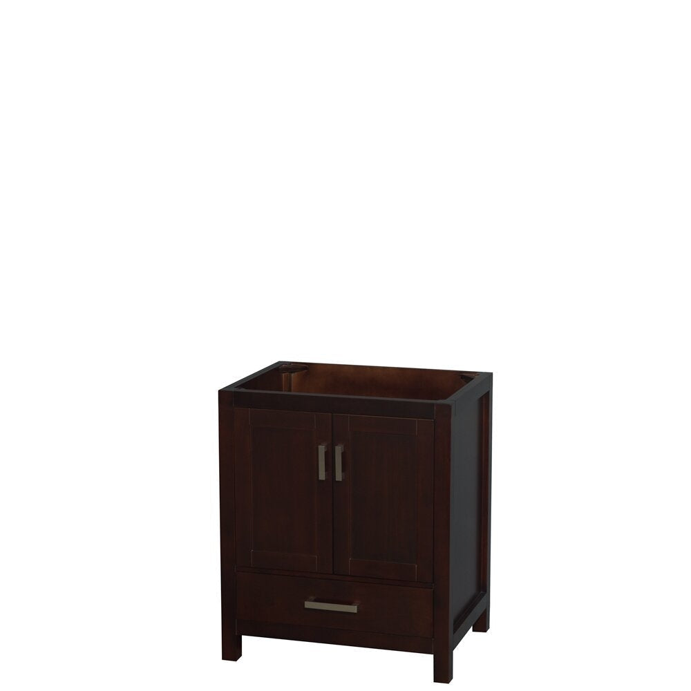 Contemporary solid wood 30-inch single-sink bathroom vanity base in stone finish, freestanding with two doors, a lower drawer and brushed metal handles, shown without countertop or sink.