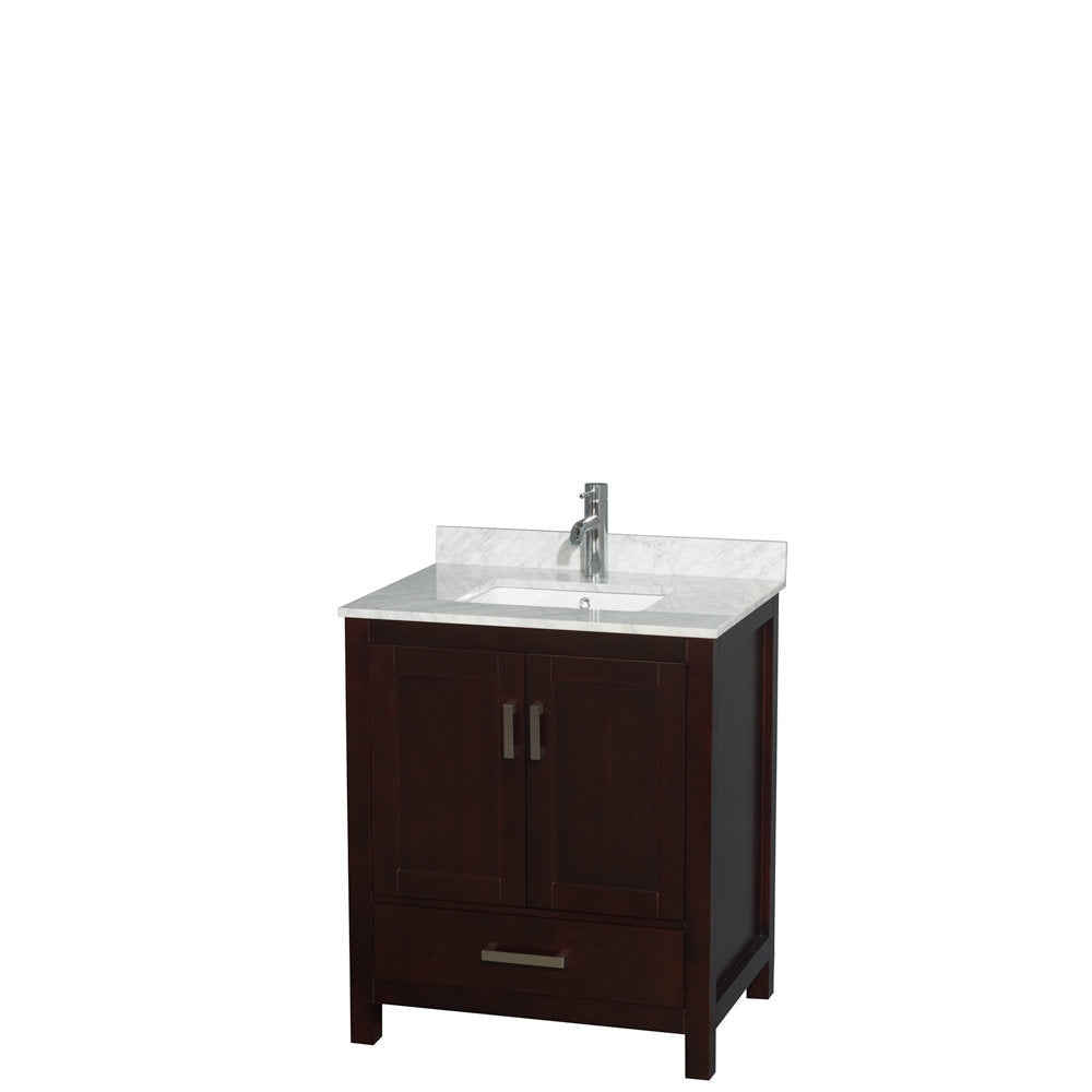 30-inch freestanding solid wood bathroom vanity in dark wood finish with a white-gray stone countertop, integrated ceramic sink, chrome single-handle faucet, two cabinet doors and a bottom drawer in a modern contemporary style.