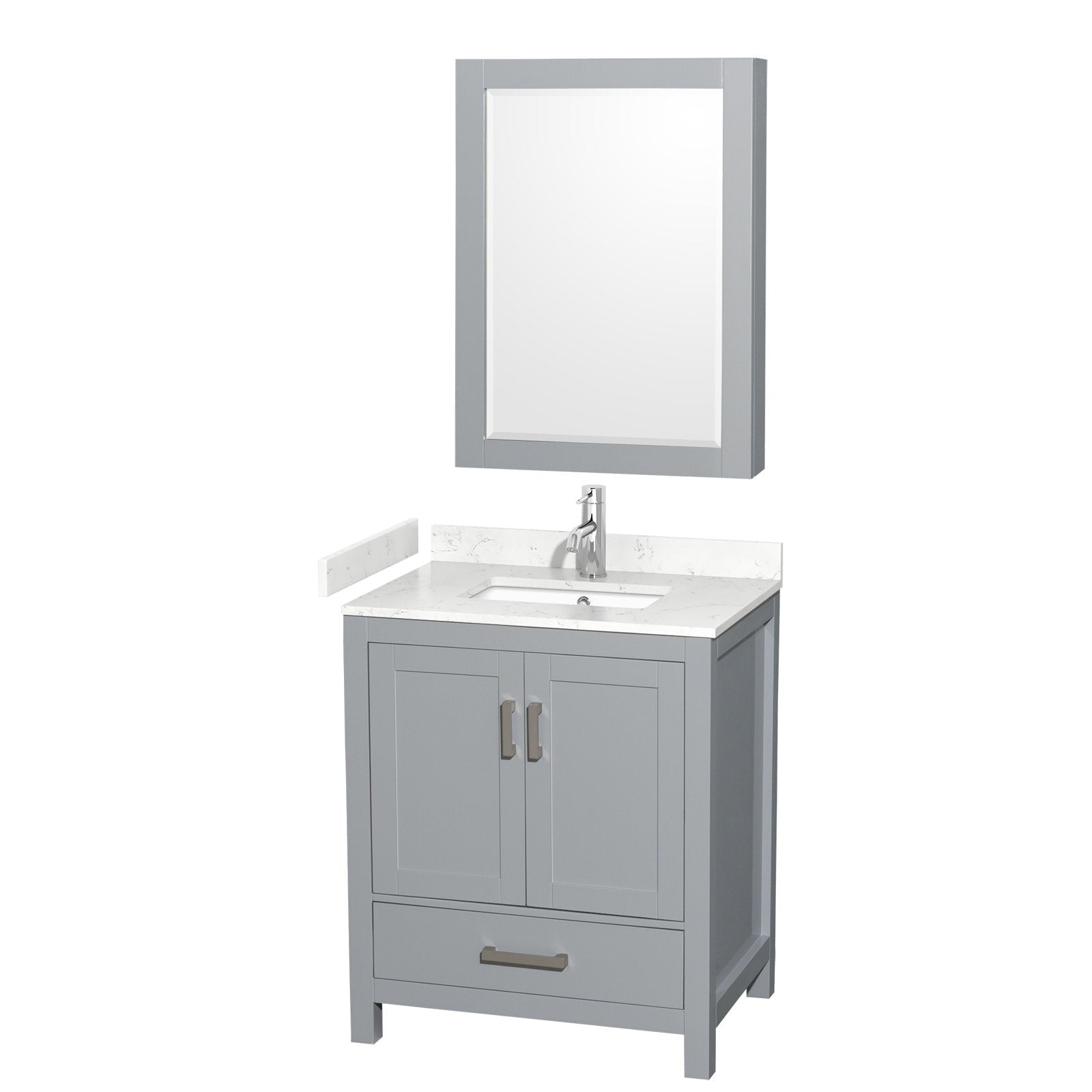 Modern gray solid-wood bathroom vanity with white stone countertop and integrated rectangular ceramic sink, chrome single-handle faucet, framed wall mirror, two-door cabinet and a bottom storage drawer.