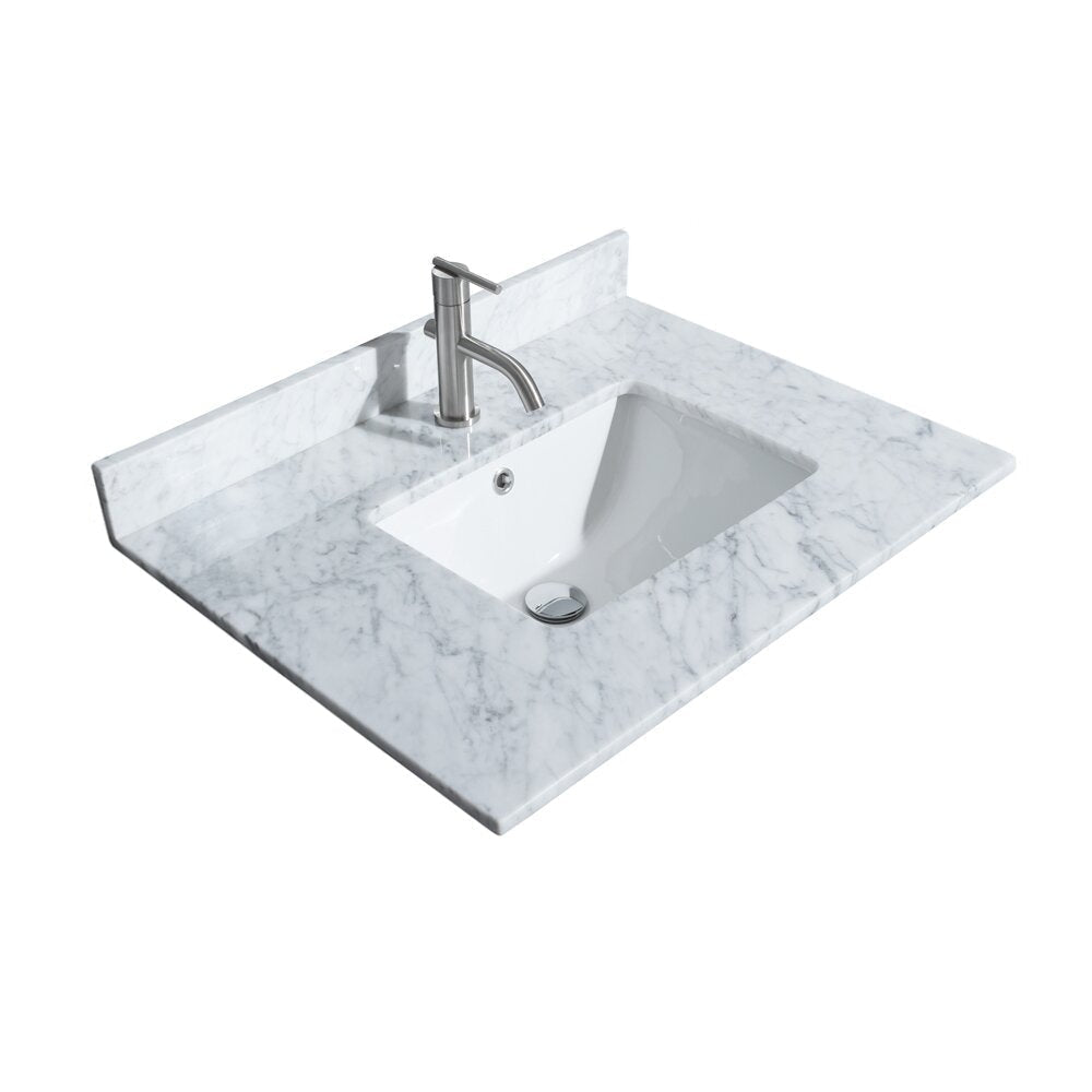 Rectangular white undermount ceramic sink set into a gray-veined marble stone countertop with low matching backsplash, fitted with a single-hole brushed nickel faucet and chrome pop-up drain.