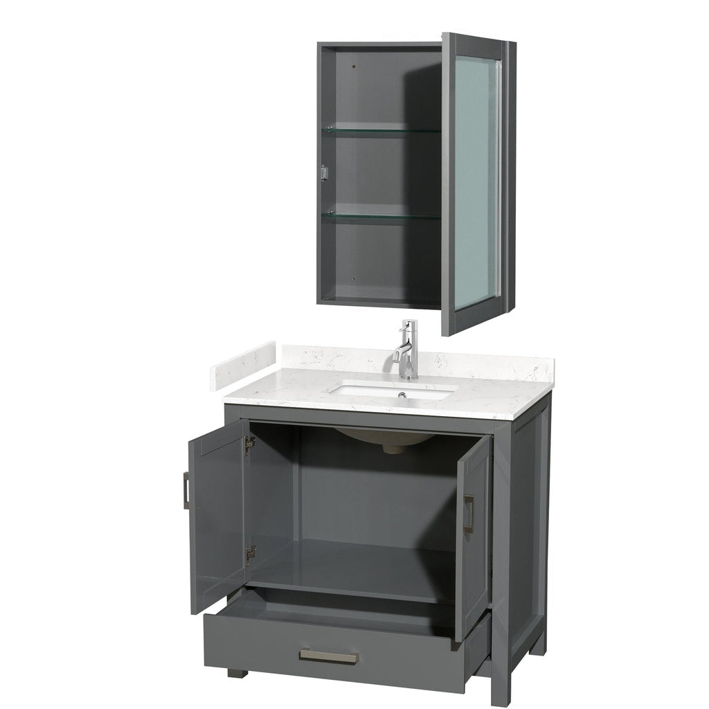 Contemporary freestanding gray wood vanity with white stone countertop and integrated single sink, chrome faucet, open lower cabinet doors and drawer, plus matching wall medicine cabinet with glass shelves.