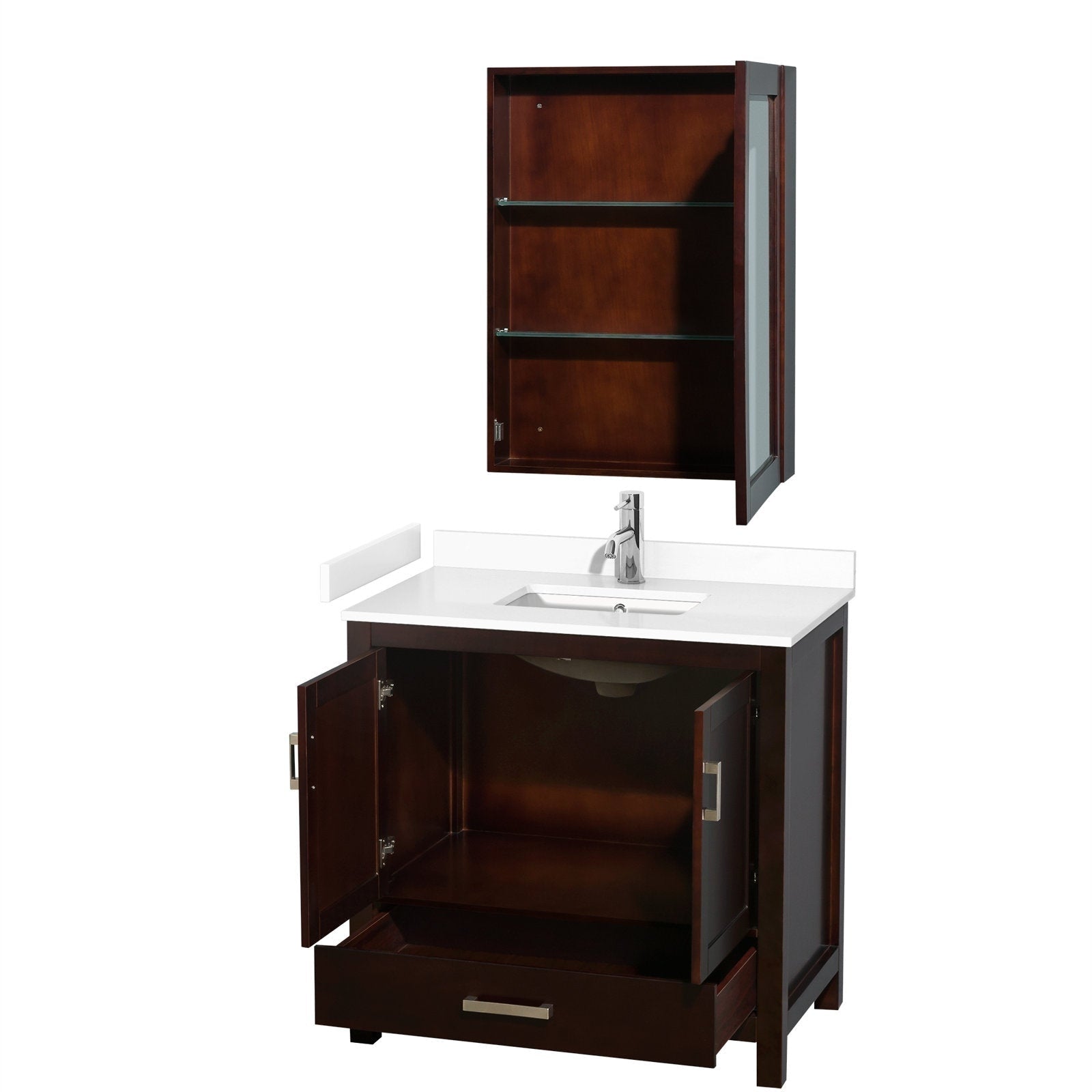36-inch modern solid wood bathroom vanity with a stone top and integrated ceramic sink, chrome single-handle faucet, open cabinet doors revealing interior storage, lower drawer and matching wall-mounted medicine cabinet with glass shelves.