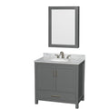 36-inch modern freestanding gray solid wood bathroom vanity with stone top and marble-look backsplash, undermount ceramic sink, brushed nickel two-handle faucet, shaker-style double doors, lower drawer and matching framed mirror above.