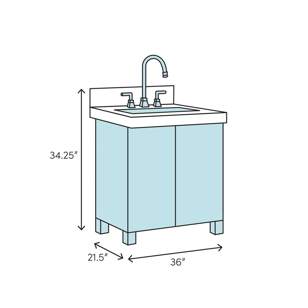 Illustrated diagram of a modern freestanding solid wood bathroom vanity with a stone top, single sink, high-arc faucet and backsplash, labeled dimensions 36 in W × 21.5 in D × 34.25 in H.