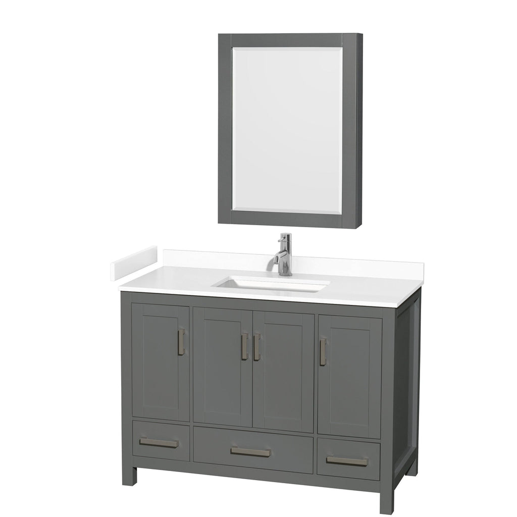 Modern 48-inch stone-gray solid wood bathroom vanity with white stone countertop, integrated rectangular sink and chrome faucet, four shaker-style doors, three drawers with metal pulls, and matching framed mirror cabinet above.