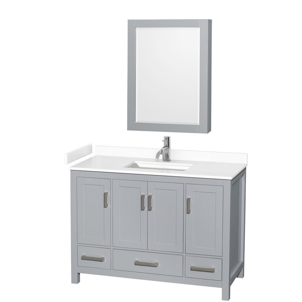 48-inch modern single-sink freestanding bathroom vanity in gray solid wood with a white stone countertop, integrated rectangular sink, brushed metal hardware and a matching framed mirror above.