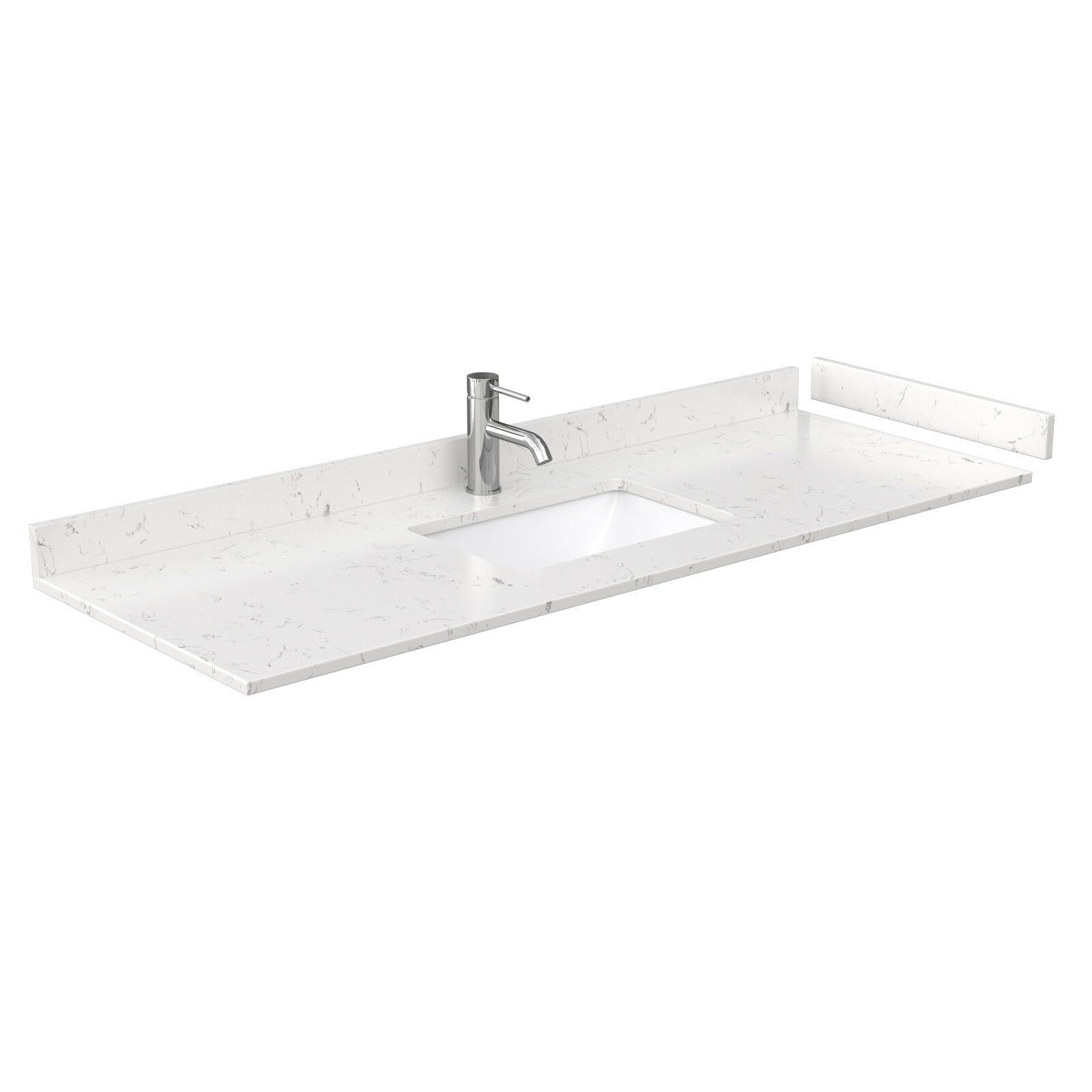 Modern 60-inch white stone vanity top with subtle gray marble veining, rectangular undermount sink, single chrome faucet and low backsplash, shown without mirror or cabinet base.