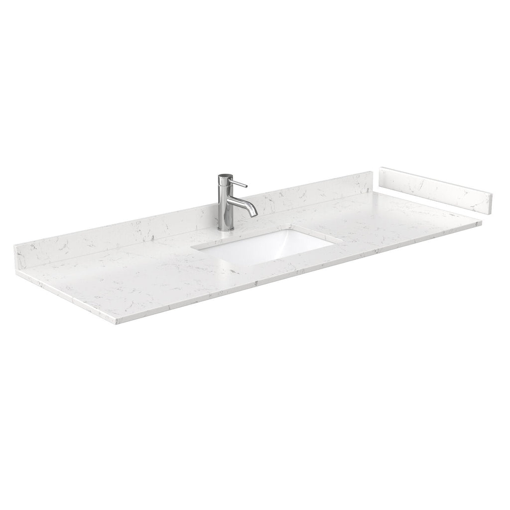 Stone-colored 60-inch modern vanity top with integrated rectangular undermount sink, subtle marble-style veining, low backsplash and single-hole chrome faucet.
