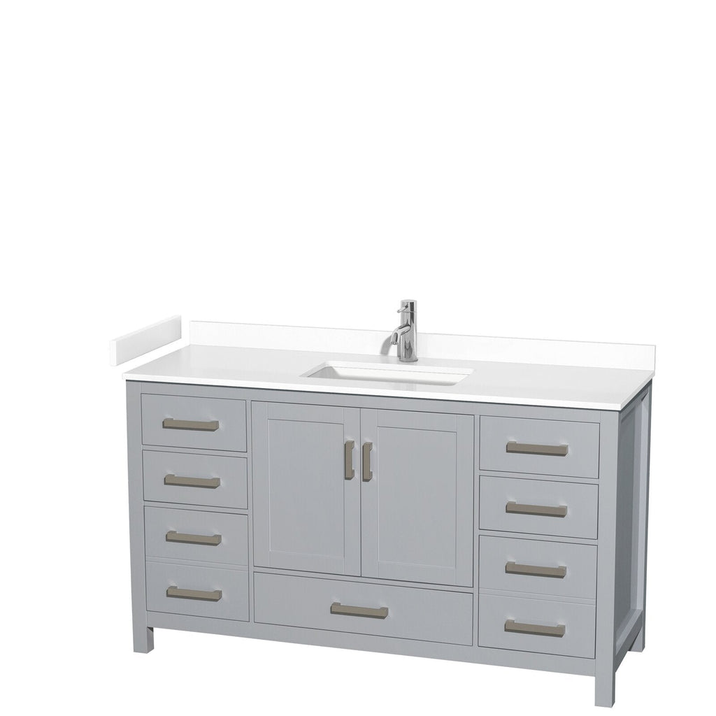 60-inch freestanding modern bathroom vanity in stone gray solid wood with white stone top and integrated rectangular sink, chrome faucet, shaker-style double doors and multiple soft-close drawers with brushed metal handles.
