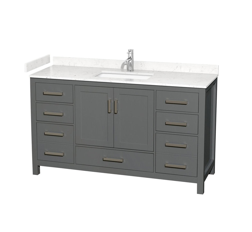 Modern 60-inch solid wood bathroom vanity in stone-gray finish with white stone countertop and integrated rectangular sink, single chrome faucet, two center cabinet doors and multiple drawers with brushed metal handles.