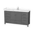 Modern 60-inch solid wood bathroom vanity in stone-gray finish with white stone countertop and integrated rectangular sink, single chrome faucet, two center cabinet doors and multiple drawers with brushed metal handles.