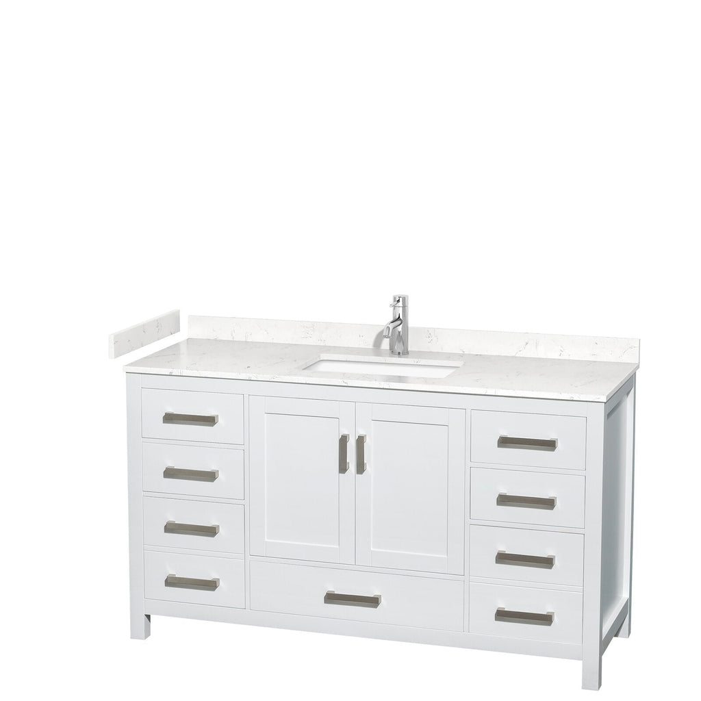 60-inch freestanding white wooden bathroom vanity with a white stone countertop, integrated rectangular sink, chrome single-handle faucet, shaker-style double doors, multiple drawers and brushed nickel rectangular pulls.