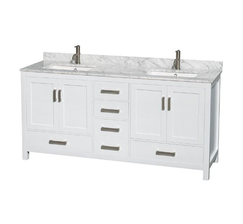 72-inch white solid-wood bathroom vanity with a stone marble-look countertop and low backsplash, two rectangular undermount sinks, brushed chrome single-handle faucets and matching hardware, center drawers and cabinet storage.
