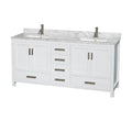 72-inch white solid-wood bathroom vanity with a stone marble-look countertop and low backsplash, two rectangular undermount sinks, brushed chrome single-handle faucets and matching hardware, center drawers and cabinet storage.