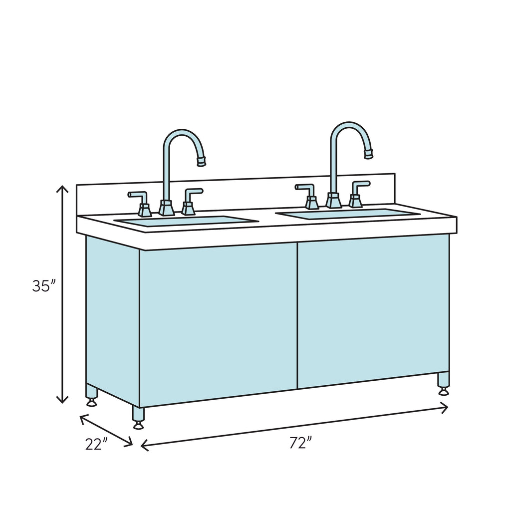 Diagram of a 72-inch modern solid wood double-sink bathroom vanity with a stone countertop and two faucets; freestanding light-stone cabinet on adjustable legs, labeled dimensions 72 in x 22 in x 35 in.
