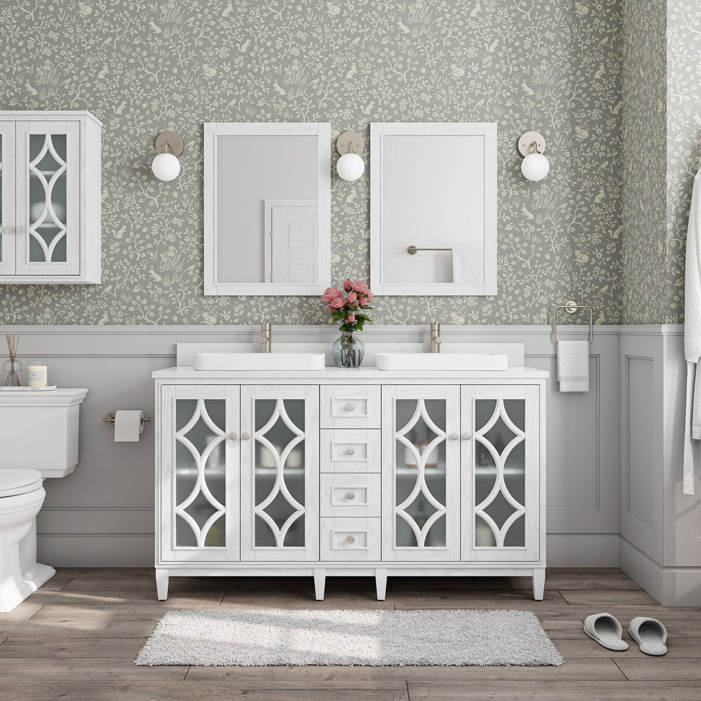 Modern 60-inch solid wood double bathroom vanity with a stone countertop, white painted base, decorative frosted-glass cabinet doors, two rectangular vessel sinks, twin mirrors and wall sconces.