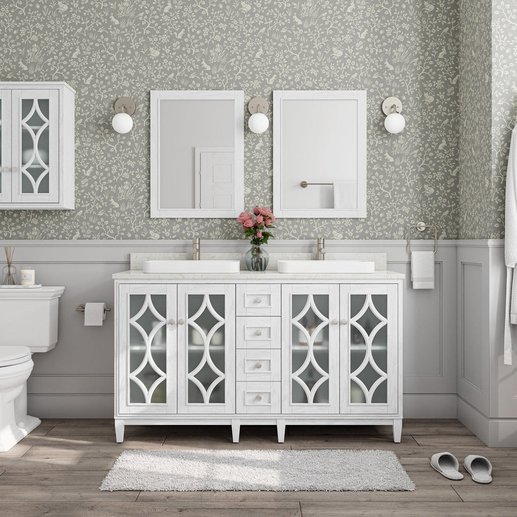 White solid-wood double bathroom vanity with stone countertop and two rectangular vessel sinks, decorative frosted-glass cabinet doors, central drawers, brushed-nickel faucets, twin mirrors and wall sconces.