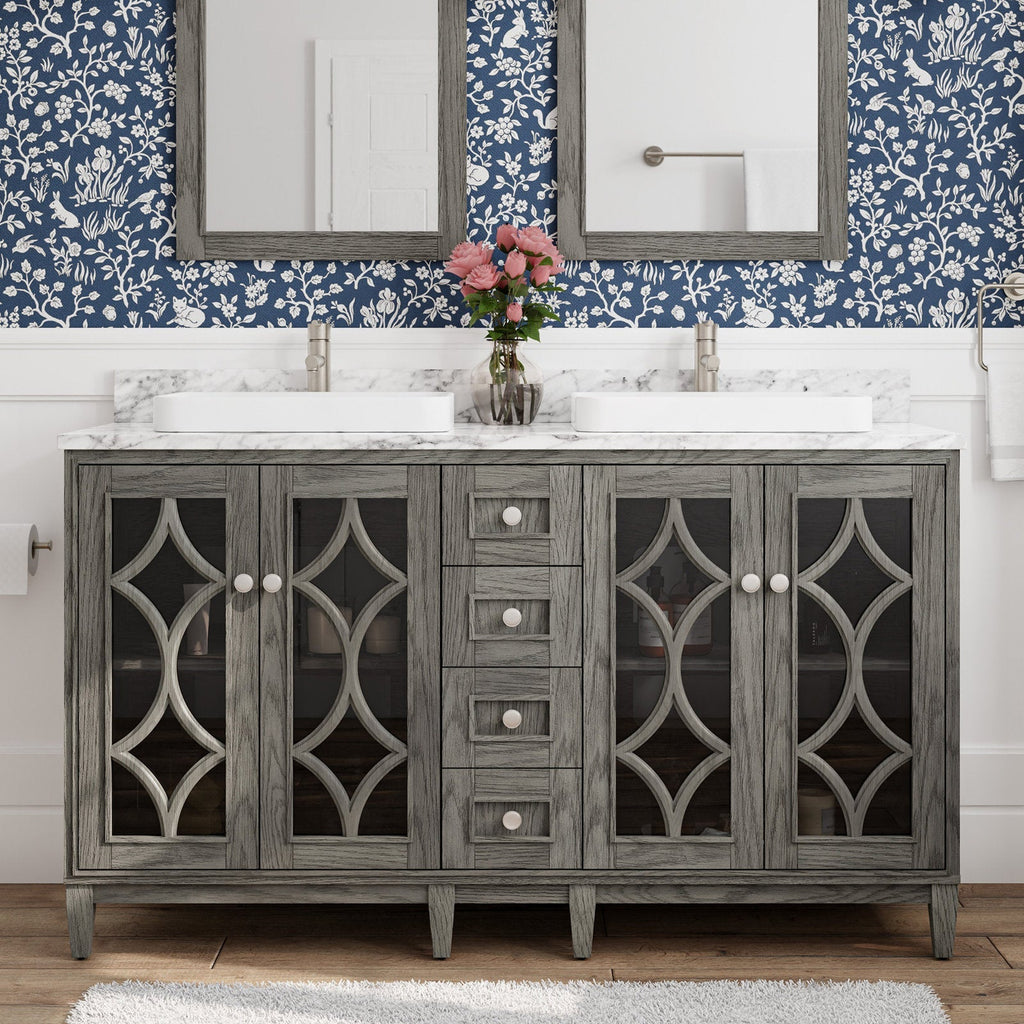 Freestanding 60-inch modern solid wood vanity in gray-stone finish with marble-look stone top, two white rectangular sinks and brushed nickel faucets, decorative glass-front doors with geometric lattice and central stacked drawers.