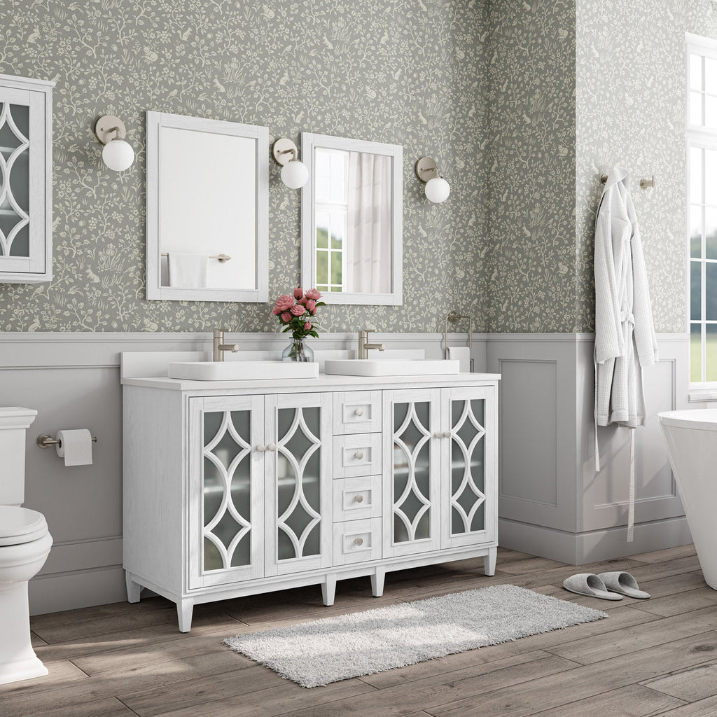 60-inch freestanding whitewashed solid wood bathroom vanity with stone countertop, two rectangular vessel sinks, brushed nickel faucets, central stacked drawers and decorative frosted-glass cabinet doors in a modern bath