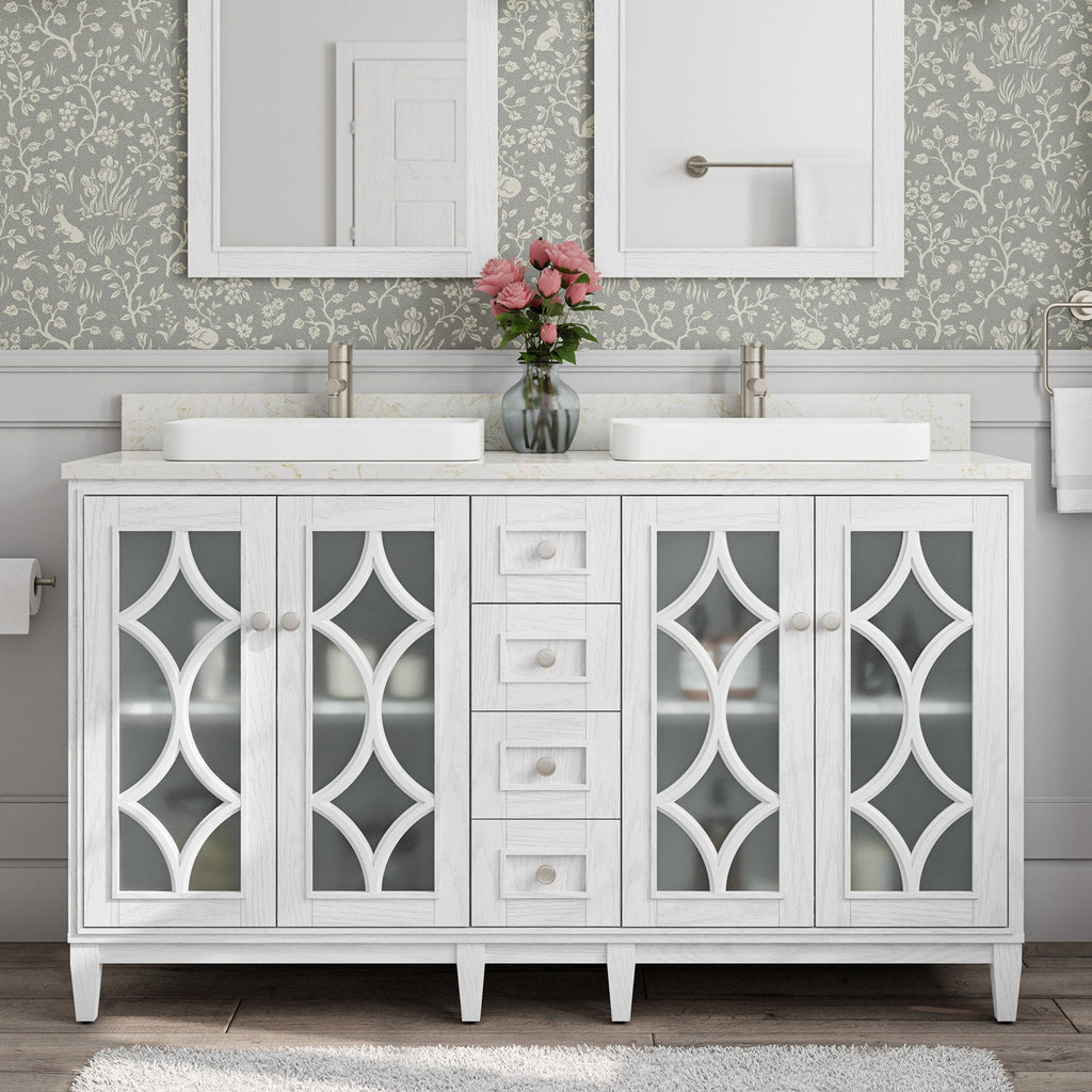 Stone-top 60-inch white solid wood double-sink bathroom vanity with frosted glass doors featuring decorative lattice panels, five center drawers, vessel sinks and brushed nickel faucets, styled with pink roses.