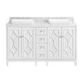 Front view of a 60-inch modern freestanding white solid wood bathroom vanity with carved paneled doors, five central drawers with round metal knobs, a stone marble top and two rectangular white ceramic vessel sinks.