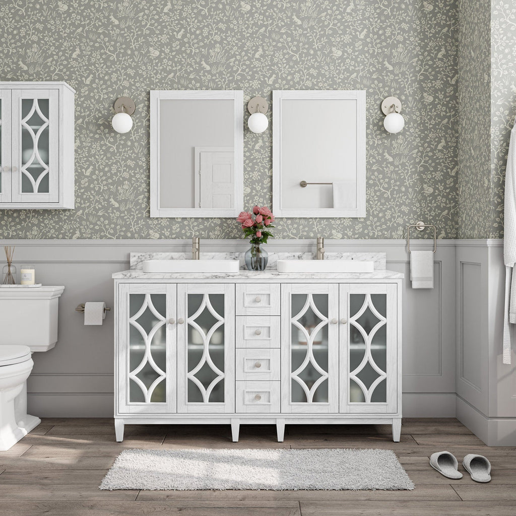 60-inch solid wood double bathroom vanity in white with a stone marble countertop, two rectangular vessel sinks, brushed nickel faucets, frosted-glass lattice cabinet doors, center drawers and matching framed mirrors.
