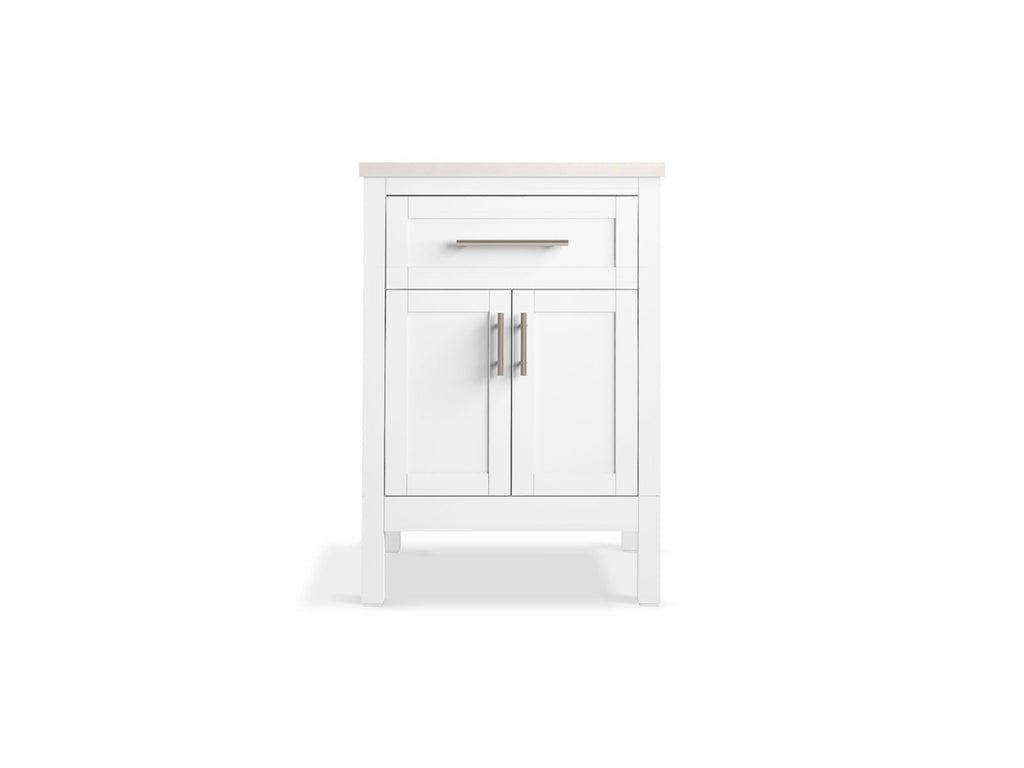 25-inch freestanding modern solid wood bathroom vanity in stone finish with a light stone countertop, one centered drawer above a two-door cabinet, brushed metal bar pulls and squared legs.