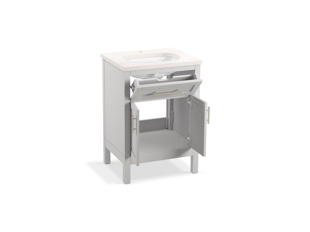 25-inch freestanding modern solid wood bathroom vanity in stone finish with stone top and integrated white ceramic sink, open top drawer and open lower double doors revealing interior storage and metal pull handles.