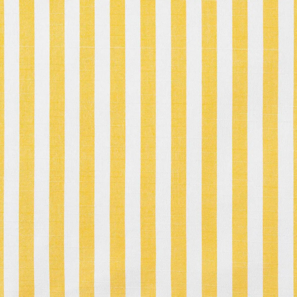 Close-up of yellow and white vertical-striped upholstery fabric with subtle woven texture, shown as a sample swatch for a dining chair seat or back.