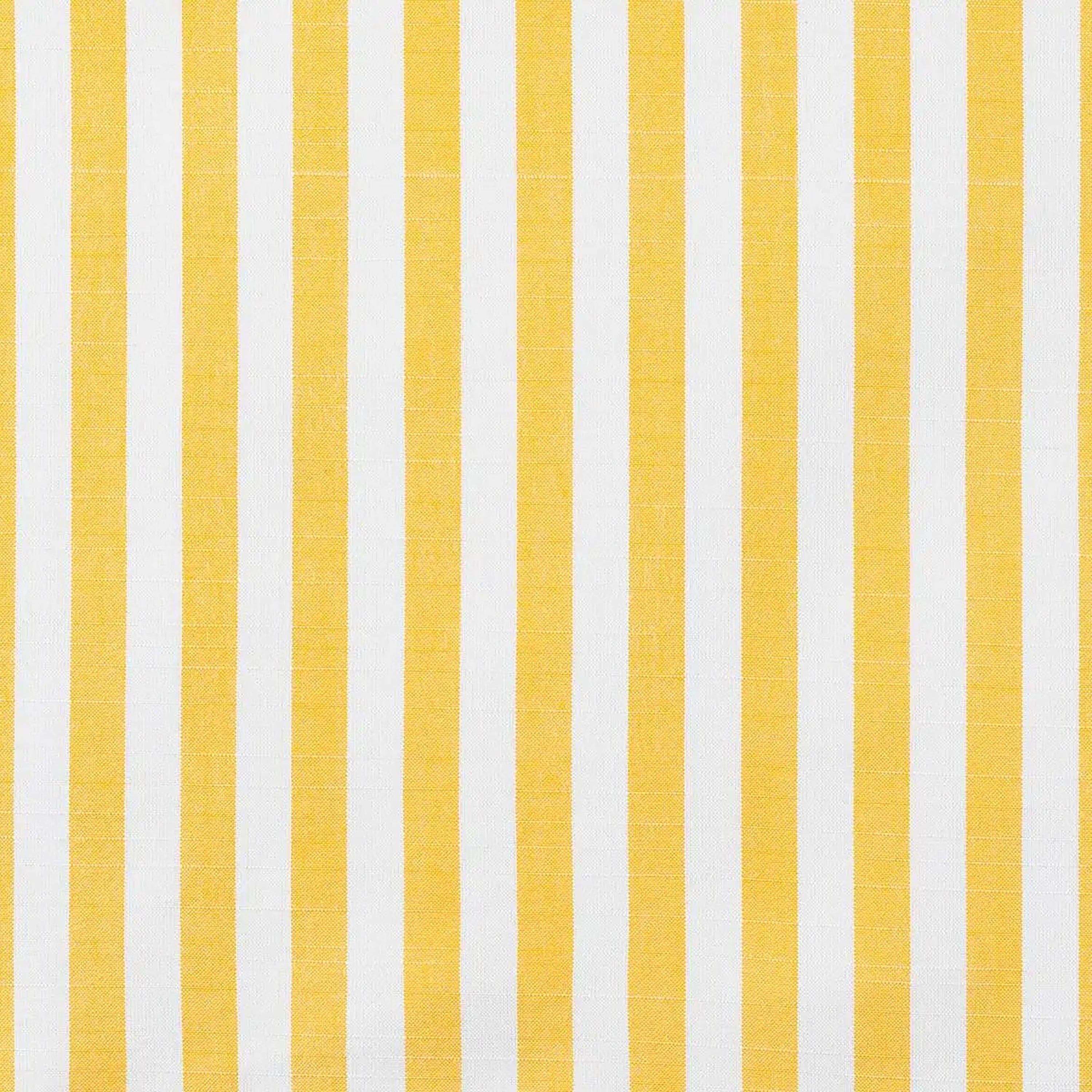 Close-up of yellow and white vertical-striped upholstery fabric with subtle woven texture, shown as a sample swatch for a dining chair seat or back.
