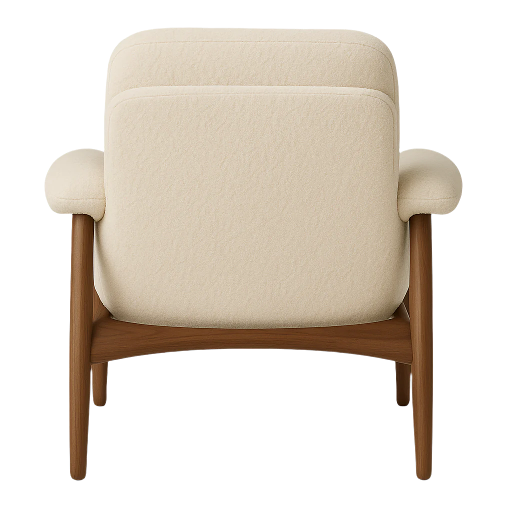 Rear view of a beige boucle-upholstered lounge chair showing rounded padded arms and back cushion supported by a curved walnut wood frame with tapered legs.