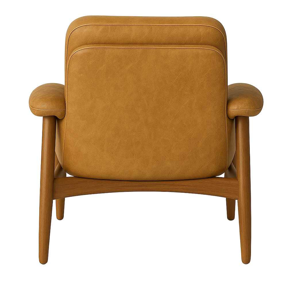 Back view of a modern lounge chair upholstered in tan leather with a padded back, rounded armrests and a curved warm wood frame with tapered legs.