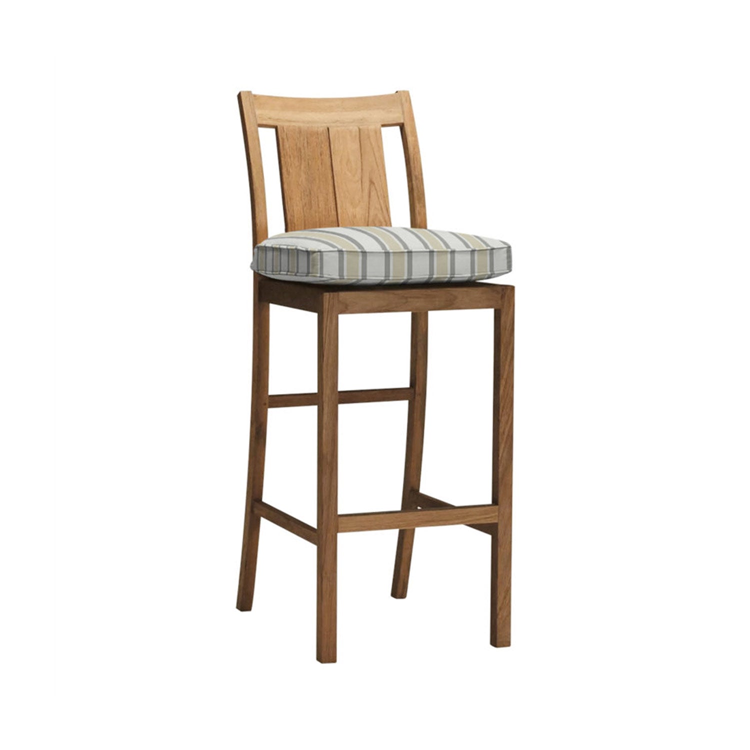 Armless teak outdoor bar stool in a natural finish with a curved slatted back, square legs and footrest, topped with a beige and gray striped cushion — coastal-style counter-height seating.