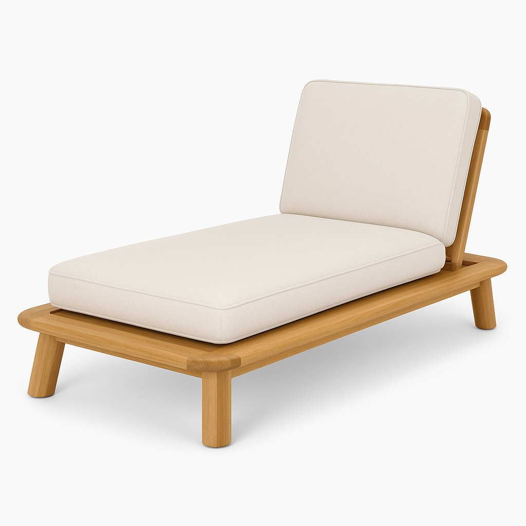Low-profile teak sun lounger with a natural wood frame and thick off-white fabric seat and back cushions, rounded legs and a minimalist coastal-contemporary design.