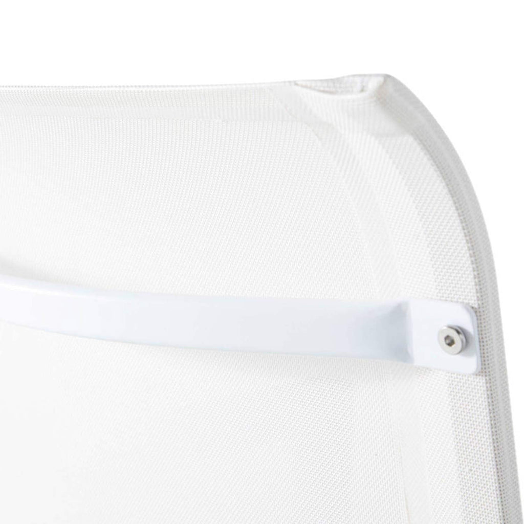 Close-up of a teak outdoor bar stool showing the white mesh back with a horizontal white metal support strap and a visible round fastener.