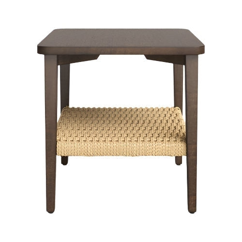 Medium brown wooden nightstand with a square top and tapered legs, featuring a woven natural papercord lower shelf for open storage in a modern contemporary style.