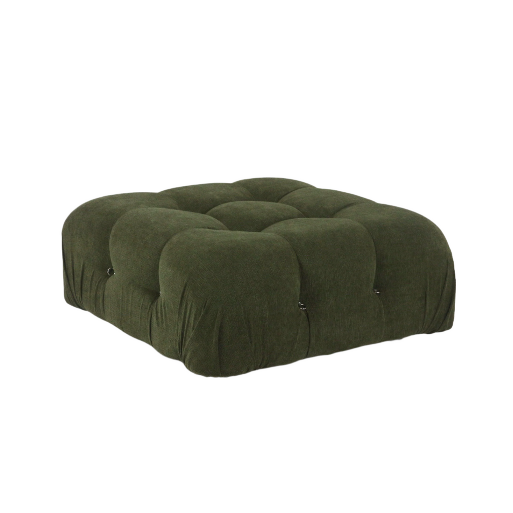 Square olive green fabric ottoman with deep button tufting and rounded cushioned sections, low-profile modern pouf with subtle metal button accents.